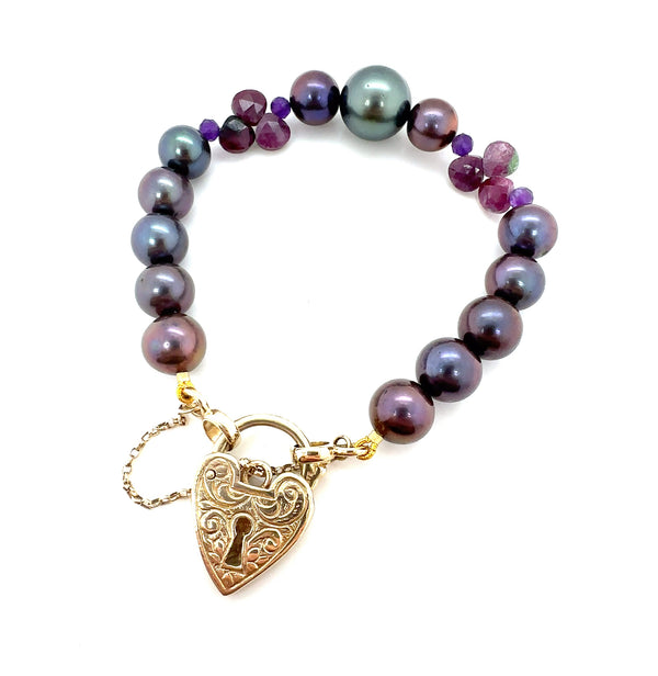 Tahitian Pearl & Peacock Freshwater Pearl Bracelet with Amethyst, Ruby Zoisite & Engraved Padlock