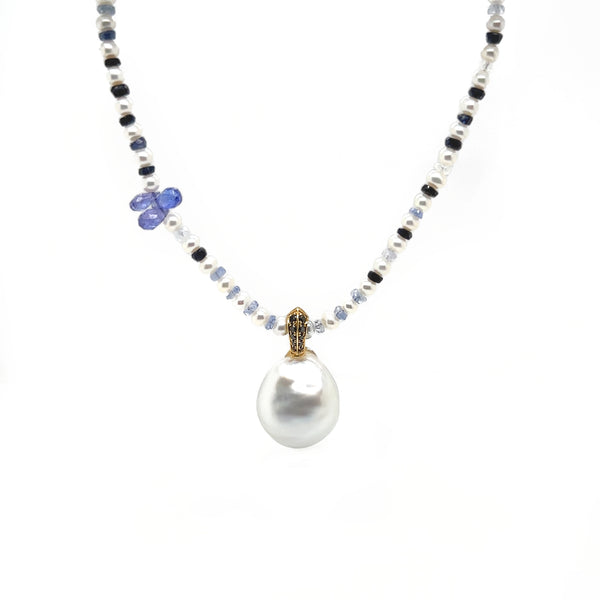 Baroque South Sea Pearl Pendant with Black Diamond Pave & Sapphire, Pearl, and Tanzanite Necklace