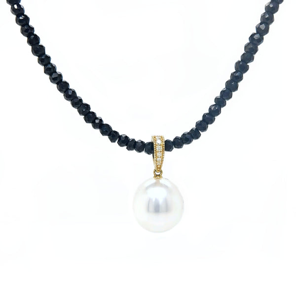 South Sea Pearl & Diamond Pendant on Black Spinel Necklace