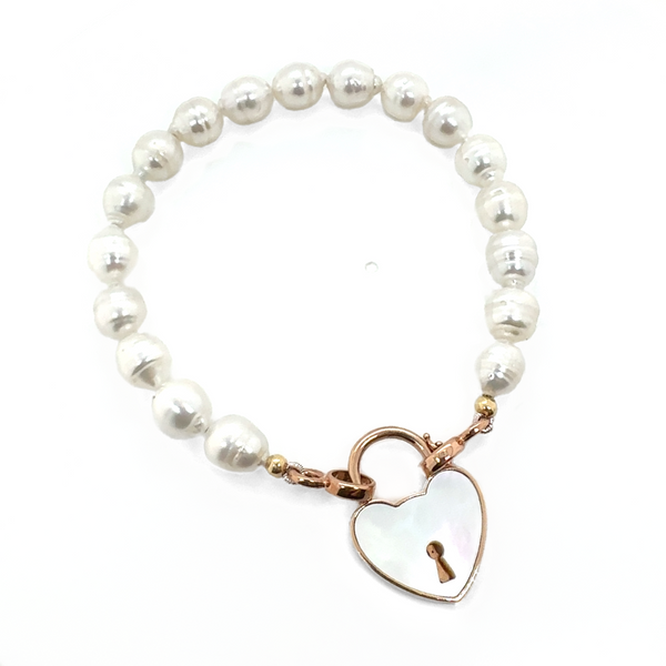 Pearl Bracelet & Rose Gold Mother Of Pearl Padlock