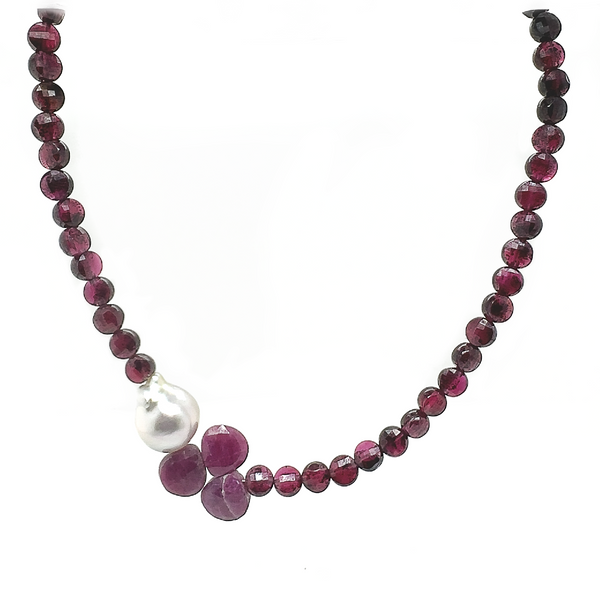 White Gold Faceted Garnet , Ruby & South Sea Pearl