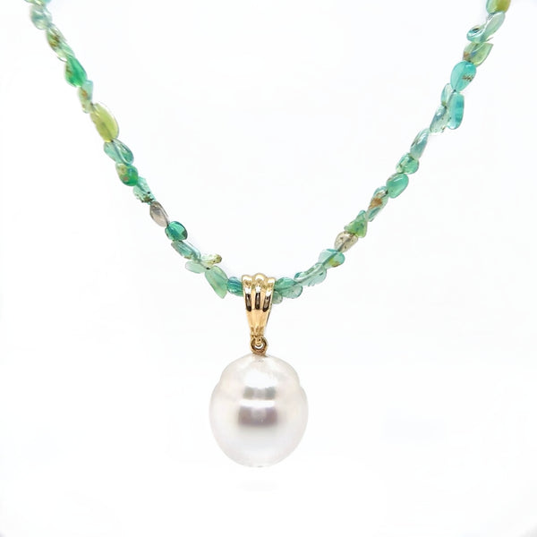 Green Ethiopian Opal &amp; South Sea Baroque Pearl Necklace