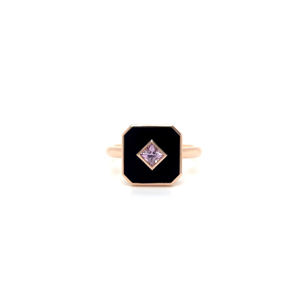 Rose Gold Pink Sapphire Madagascar Princess Cut Ring with Octagon Onyx