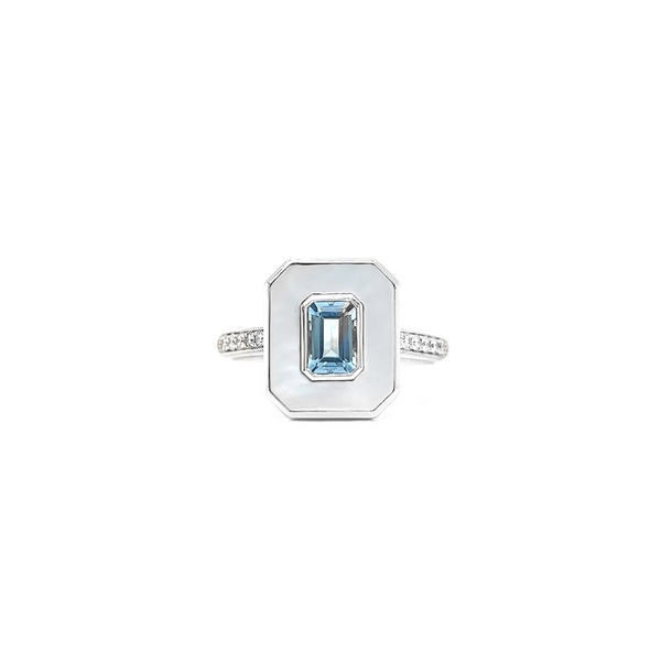 Aquamarine Emerald Cut Ring with Mother of Pearl and Diamonds