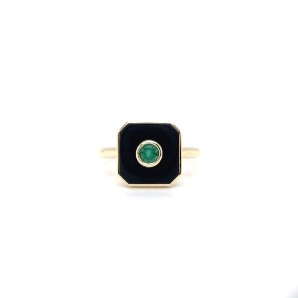 Yellow Gold Yellow Zambian Emerald Ring With Octagon Onyx