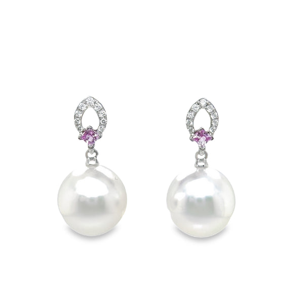 18ct White Gold South Sea Pearl &amp; Pink Sapphire Stud Earrings