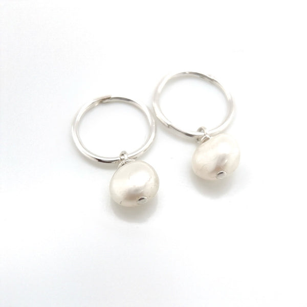 Tiny Silver Hoops & Keshi Pearl Earrings