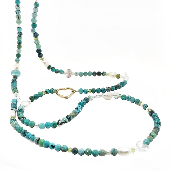 Turquoise, Freshwater Keshi &amp; Round Pearls, Tourmaline, Peridot, and White Topaz Necklace