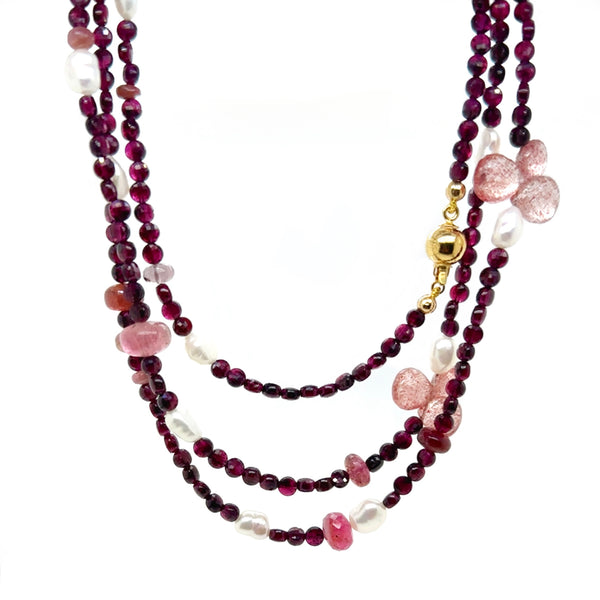 Garnet, Pink Tourmaline, Cherry Quartz & Freshwater Pearl Necklace