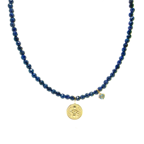 9ct Yellow Gold Sapphire & Evil Eye Necklace