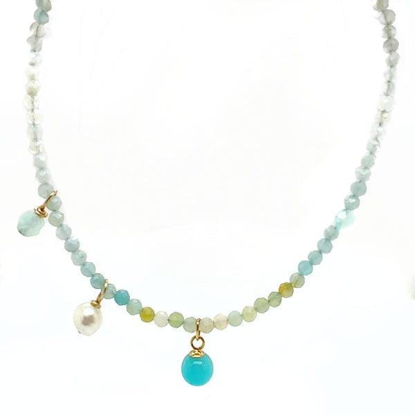 Yellow Gold Amazonite, Freshwater Pearl & Morganite Necklace