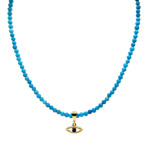 Yellow Gold Turquoise & Blue CZ Evil Eye Necklace