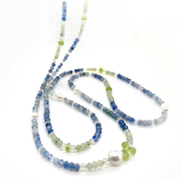 Yellow Gold Kyanite, Green Amethyst, Peridot, White Topaz, and Baroque Pearl Necklace