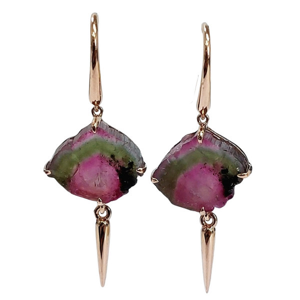 Rose Gold Brazil Watermelon Tourmaline Slice Earrings