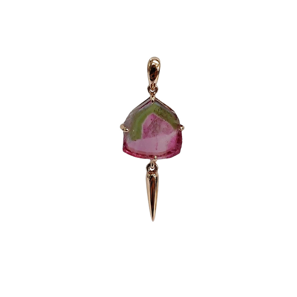 Rose Gold Watermelon Tourmaline Slice Pendant with Gold Spear Detail